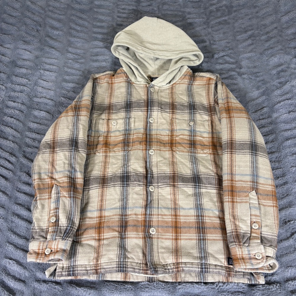 Mountain Hardwear Mens OM0484 Plaid Hooded Flannel Shirt Jacket Tan Orange Med